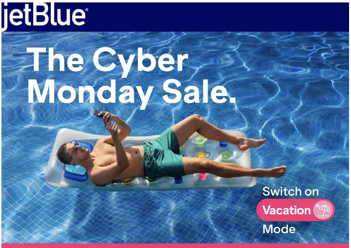 A JetBlue ad showing a man lying on a float in a swimming pool.